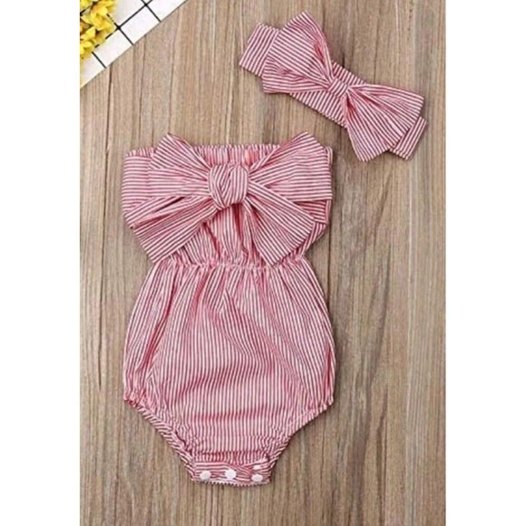 Red And White Striped Baby Romper Newborn 2 piece Romper and Headband - Picture 1 of 1
